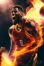 Placeholder: 8k, highly realistic and detailed image of a NBA basketball player in action dunking the ball in the net, sweaty hair, screaming look,action and smoke and flames background