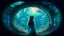 Placeholder: woman standing inside the interior of a ruined alien spaceship, with a circular window, overrun with mushrooms with jellyfish tentacles