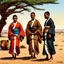 Placeholder: Warning: Close-up. Rich colors, intense sharpness. Cinematic and realistic illustration of African villagers in traditional kimonos, combining elements of samurai and kabuki aesthetics. They are working together in a savannah landscape, with a desert tree in the background. They care for lions and leopards, while their vibrant kimonos contrast with the earth tones of the surroundings.