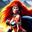 Placeholder: ultra detailed fullbody portrait of beautiful busty Red Sonja Riding a Black Horse , extremely detailed digital painting, intrincate, extremely detailed face,crystal clear Big eyes, in the style of Ken Kelly , mystical colors , perfectly centered image, perfect composition, rim light, beautiful lighting,8k, stunning scene, raytracing