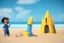 Placeholder: Toddler Elon Musk building a Very tall skinny space rocketShip sand castle on the beach, Blue shovel, yellow plastic bucket, sunglass