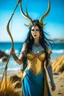 Placeholder: A picture of a persian goddess with painted blue skin, black hair, deer antlers, elven ears, golden skirt, holding a bow on a sunny beach