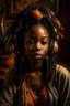 Placeholder: earthy black young woman listening to music with headphones, soul, peace, majestic, earthy colours, at peace, happy, incense, jewels, bands, natural, old school headphones, low siren eyes,