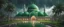 Placeholder: Hyper Realistic massive huge green mosque with white flags on the roofs at a rainy night with grassy pathway, palm trees & Thunderstorm