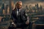 Placeholder: photorealistic portait of henry cavell as mercenary with long blonde hair undercut tribal tattoos wearing smart suit cityscape