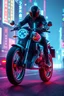 Placeholder: Design a futuristic Royal Enfield high technology design in the year 3025, future world,high technology fusion,hover bike,inspired by Syd Mead’s visionary style. futuristic elements with a high-tech, neon cyberpunk aesthetic. 1 man rider,lost neon city bgเส้นการเคลื่อนไหว, เส้นความเร็ว, ความลึกของระยะชัด, 32k , hyper resolution, hyper detailed, dynamic pose action ภาพยนตร์,