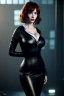 Placeholder: Christina Hendricks dressed in black leather gown, cyberpunk, busty, cleavage, volumetric lighting, particales,highly detailed,cinematic, deep colours,8