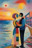 Placeholder: Kandinsky Contemporary painting, man and woman holding each other in the arm, man has short hair, woman has short yellow haircut, we can not see their faces and we see them from the back, they are looking at sunset in the sea, there is bridge in the corner of paint, use only soft happy pastel colors, add 17 Jan 2021 in signature