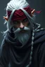 Placeholder: Shadar-kai Elf Monk with Blindfold that is inspired by Lee Sin with a dark background and atmosphere, white hair and beard