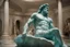 Placeholder: film still, a handsome giant blown glass statue of Poseidon sits on a stone in museum gallery, soft light, Cecil B. DeMille movie