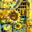 Placeholder: Watercolor patchwork painting of beautiful sunflowers growing against my wooden shed, greens, browns and yellow and orange, no signature no watermark, Patchwork by Meghan Duncanson and Jennifer Lommers and Didier Lourenço Modifiers: beautiful high detail fantastic view colourful watercolor patchwork alcohol ink Speedpaint