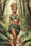 Placeholder: Drawn by Tradd Moore, colored by Heather Marie Lawrence Moore for Lean and muscular, skin tanned nearly bronze greeck girl tracking through the forest and brush. Showing her mini-skirt. Blonde Curly hair in a messy bun and severe look, wearing greek toga .