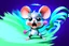 Placeholder: ute stylized 3D cartoon mouse character being swept into a magical wind vortex, fluffy gray fur, soft detailed fur texture, oversized expressive eyes, rounded ears, tiny pink paw pads, open mouth excited surprised expression, dynamic diagonal motion pose, limbs reaching forward, body tilted in perspective, sense of speed and motion, flowing translucent teal and aqua wind ribbons, spiraling air currents forming a curved arc, soft tornado funnel in the top corner, painterly semi-transparent wind