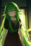 Placeholder: girl, masterpiece, best quality, cinematic lighting, detailed outfit, vibrant colors, perfect eyes, green hair, very long hair, green eyes, messy hair, looking down, nervous smile, indoors, light rays, god rays, looking down,