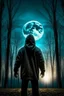 Placeholder: Dark forest with bright moonlight, Full moon, a hooded man is standing with hands up