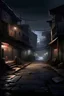 Placeholder: A dark, almost deserted street with some thieves roaming around. Two roads with semi-dilapidated, rugged walls, some violent fights, knives, and the sale of drugs and alcohol under glowing lights.