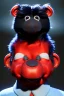 Placeholder: Waist up muppet Portrait, Kim Jong-un muppet doll, black suit, photo studio, red background, unreal engine 5, concept art, art station, god lights, ray tracing, RTX, lumen lighting, ultra detail, volumetric lighting, 3d.