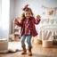 Placeholder: a 2 years old girl in modern clothing and makeup dancing with cute and joy with pertty boots in a baby bedroom