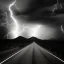 Placeholder: desert, storming, lightning, rainy, mountains, black and white, dirt road, landscape