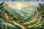 Placeholder: In the style of Josephine Wall, a beautiful complex landscape looking over green hills and forests towards the ocean, extremely well detailed, professional award winning art