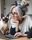 Placeholder: Whimscal a middel-aged women with silver hair in a little messy bun and black and white bandana with knot and glasses, wearing white tshirt and an unbuttoned black sweater, she sits on a chair behind a table where she has her laptop, She leans her chin in her hand and looks into her laptop, her Oriental shorthair Siamese cat put her paws on the tabletop, bg a kitchen, wet oil sketch on canvas.