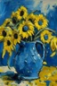 Placeholder: A blue delft jug of golden Sunflowers in the style of frank Auerbach