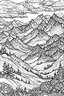 Placeholder: A mountain plateau with sweeping landscapes, untouched nature, and a feeling of freedom, intricate coloring page for adults, contour, vector, clean line art, white background, detailed, black and white, in the style of kalamkari design