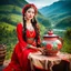 Placeholder: a woman in a red dress holding a vase, creative colorfull - makeup, with professional makeup, hand built ceramics, very very very beautiful face , nice country side with hills ,waterfall over a river with clear water,girls with perfect pretty face in folk costums and a jar, filling their jugs with water and some of them leaving while carring there jugs in there shouldes and 1beautiful girl with jug in shoulder in closeup , very nice mountains at distant, nice clouds in sky ,wide green field wi