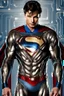 Placeholder: tom welling in a superman suit which is metallic and futuristic from the movie man of steel