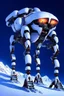 Placeholder: a sleek mechanical walker with eight legs scaling a very steep snow covered side of mout everest at night, it has a smooth surface, it has storage pods on its belly and humans can fit in the pods