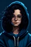 Placeholder: mach ein mädchen mit vielen vielen schwarzen locken und lange haare. einer schwarzen dicken brille, silberohrringe, braune augen, und einer voldemortnase, in einem blauen hoodie