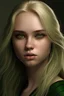 Placeholder: dark green eyes, blond long hair, brown brows, small nose