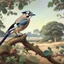Placeholder: Wildlife painting in the style of Charles Tunnicliffe, showing a European Jay, perched upon the branch of a tree in the English countryside. Modifiers: oil on canvas Art Nouveau 1950s style oil on canvas wildlife art Charles Tunnicliffe ladybird books Art Nouveau oil on canvas oil on canvas