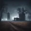 Placeholder: Hyper Realistic Haunted Dark Factory between a Field with dry old tree at heavy foggy night