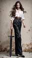 Placeholder: Full body athletic Ukraine female with black wide leg pants, white blouse, face made of a Greek sculpture , long hair, holding a trench cleaver, flat leather pouch on belt, thick heeled shoes