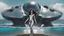 Placeholder: woman with dark hair in a silver robotic catsuit, standing on a futuristic alien beach with a crashed spaceship in the water, with mushrooms with octopus tentacles flying in the air