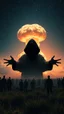 Placeholder: A field of random people in a bright lighting , at the end of the picture the universe with stars sky background with a huge nuke explosion behind the explosion a very large open arms dark scary shadow of a black hooded creature