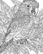 Placeholder: A coloring page of a magnificent parrot, flowers, leaves, (masterpiece), (coloring page), line art drawing, minimalist, graphic, (line art), vector graphics, clear and distinct lines, intricate patterns, varied line weights, smooth curves, bold outlines, crisp shapes, style of van gogh