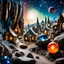 Placeholder: Close-up photograph of a village, naïve, people, houses, rock formations, stars and planets, animals, crystals, mineral concretions, extreme detail, intricate, volumetric light, colours, Tim Burton, Max Ernst, Yves Tanguy, sparkles, bokeh