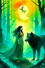 Placeholder: book cover, In the heart of a dense and enigmatic forest with towering ancient trees cloaked in emerald, yellow and amber foliage stood a bewitching sorceress possessing an ethereal allure her lustrous hair cascading in ebony waves down to her slender waist In the background a majestic canine of Belgian shepherd lineage roamed its eyes illuminated by an otherworldly crimson glow exuding an aura both mysterious and demonic