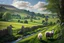 Placeholder: beautiful rolling hills and fields, with stone fences, small stream and sheep, of the Bakewell in England. Gorgeous lush green grass and trees.