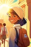 Placeholder: School student, school uniform, Omani, smiling slightly, from behind, school, students, morning, sun,cartoon