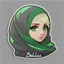 Placeholder: Blonde girl, wearing hijab a black veil, green eyes, bright face. Next to the profile of the name Bella is cute. Make it a sticker.color flat
