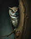 Placeholder: Bosch painting style, nightmare , a shy strange owl hiding behind a tree , showing half of his body and face from behind the tree