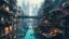 Placeholder: Water-level view of buildings on a canal, made of metal, cyberpunk, many painted colours, floating and flying boats, balconies, bridges, people, shopping, eating, walking, fifth element, ghost in the shell, altered carbon