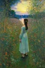 Placeholder: Night, vegetations, flowers, one woman, distant house, mistery, gothic horror films influence, gustave caillebotte, and gustave moreau paintings