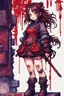 Placeholder: anormal, smile, blood, girl cute, full body, beautiful cyberpunk petit girl, hyperdetailed, behind made 8bits and Pixel Art, watercolor illustration by <Katsushika Hokusai>, darkred tones,