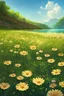 Placeholder: In the corner there is a lake, grass and flowers