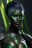 Placeholder: dnd character art of a dark black drow sorceress. high resolution cgi, 4k, pointed ears, dark-charcoal-black skin, short dark green hair, golden tattoos, green accessories, green irises, black sclera, long golden eyebrows, unreal engine 6, high detail, cinematic.