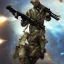 Placeholder: A man with a beautiful and large military rifle in the galactic space